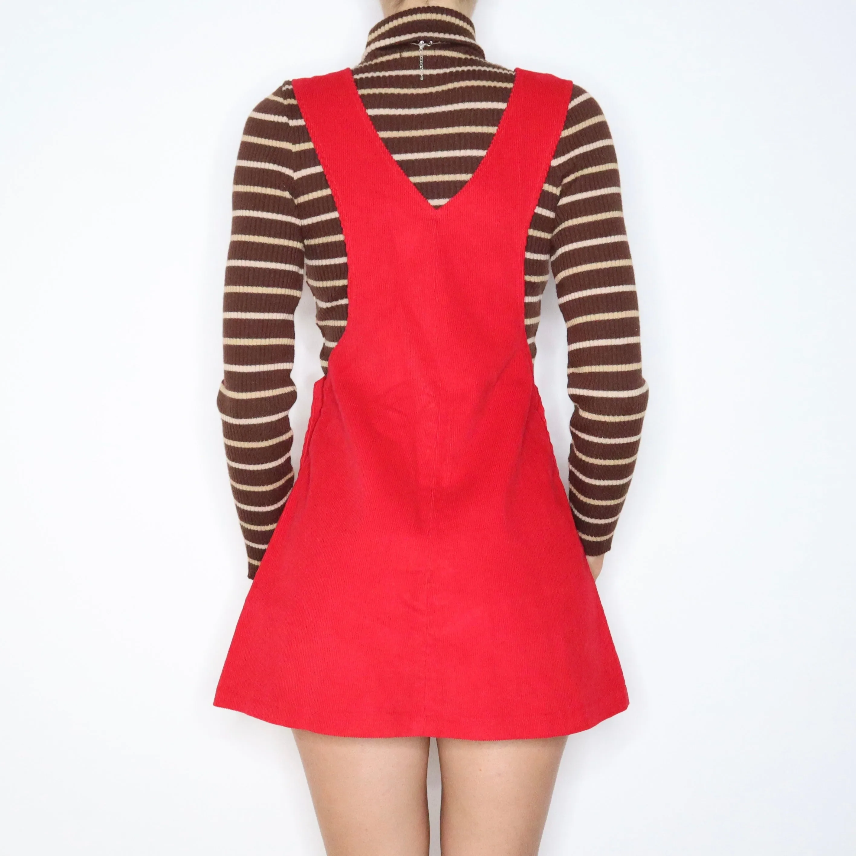 70s Red Corduroy Overall Dress (M)