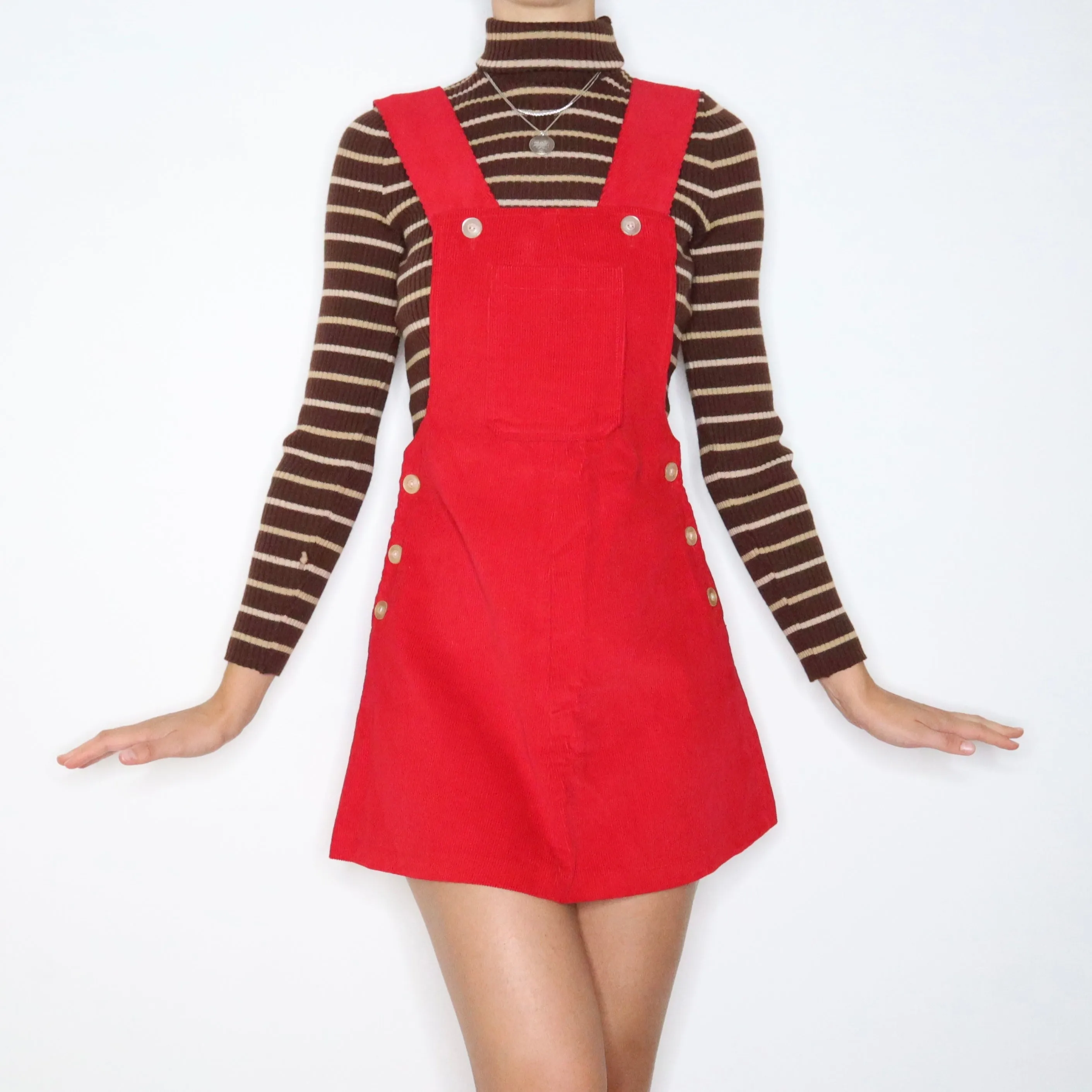 70s Red Corduroy Overall Dress (M)
