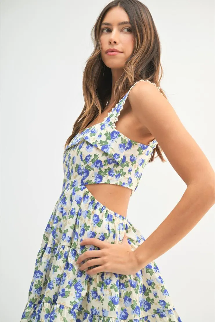 Allie Florals Cut-Out Mini Babydoll Dress - Blue