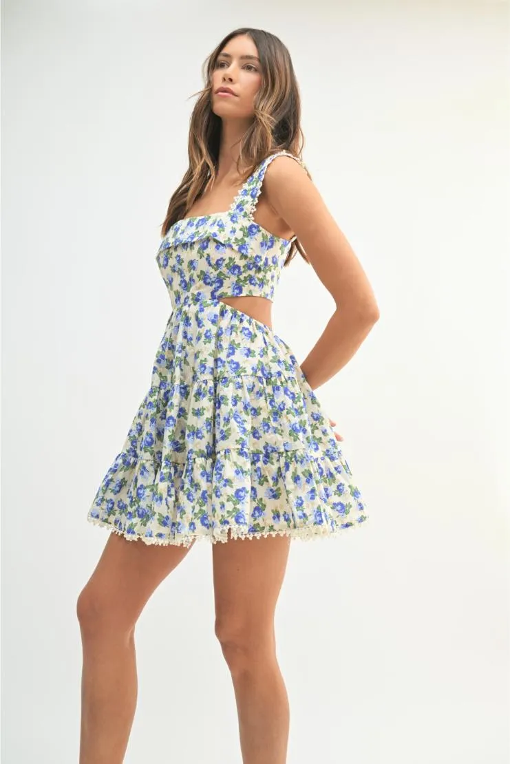 Allie Florals Cut-Out Mini Babydoll Dress - Blue