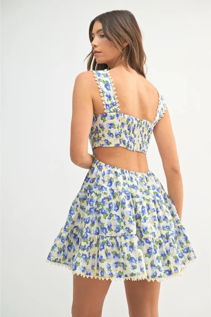 Allie Florals Cut-Out Mini Babydoll Dress - Blue