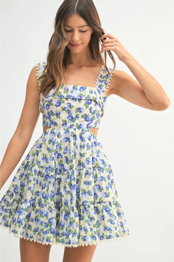 Allie Florals Cut-Out Mini Babydoll Dress - Blue