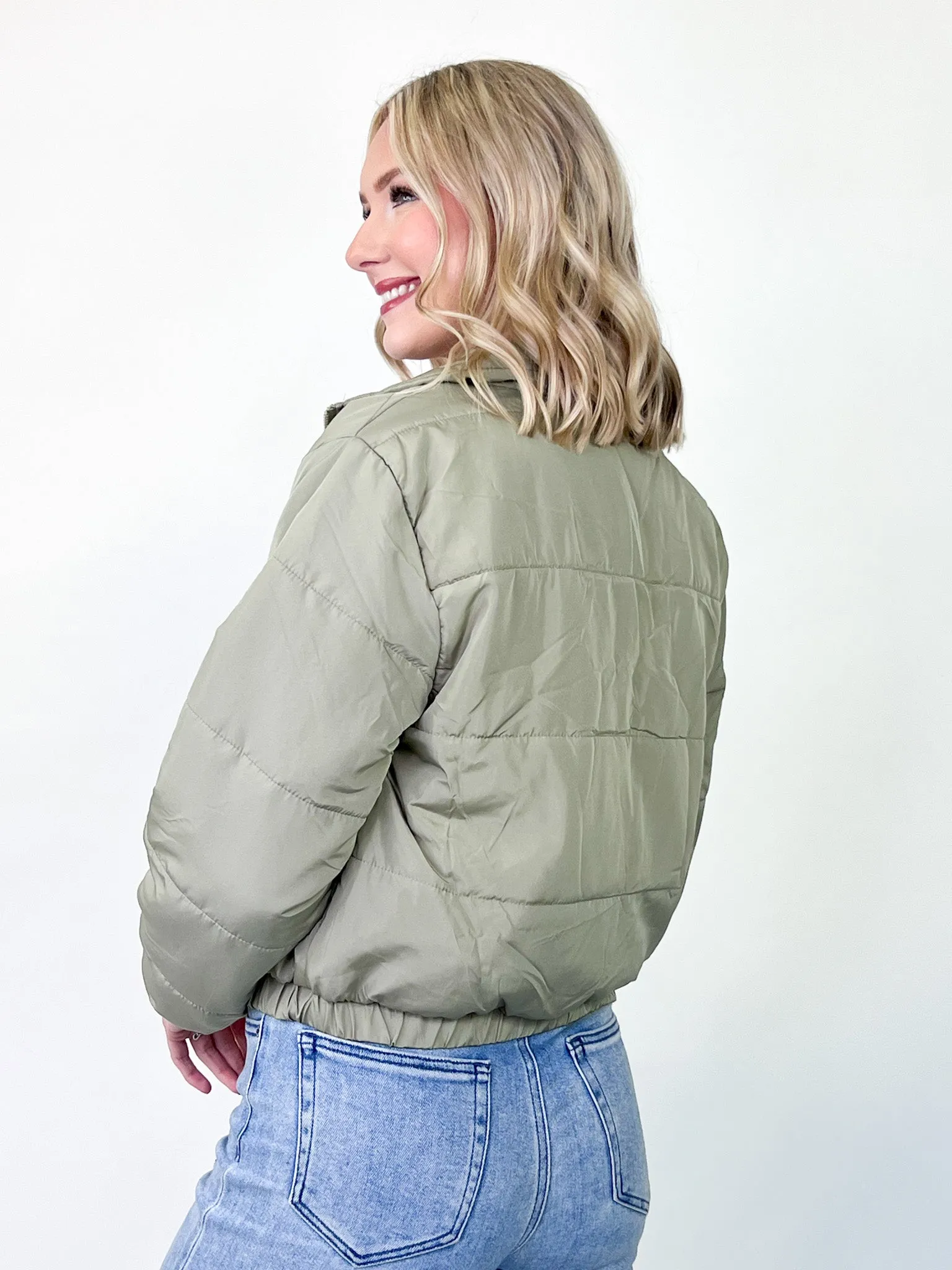 Aria - Long Sleeve Puffer Jacket (Olive Green)