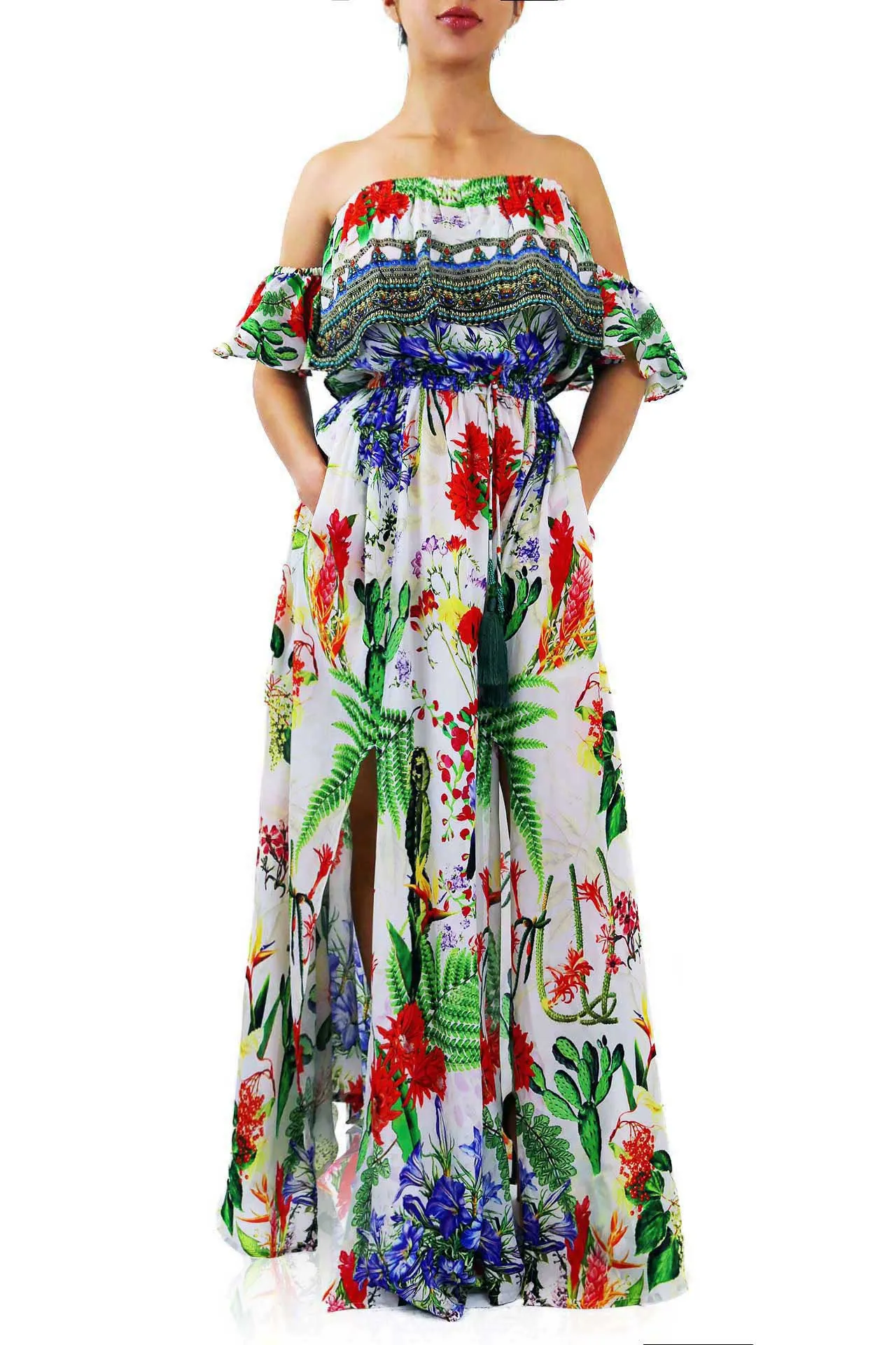 As seen on Farrah Britt Off The Shoulder Printed Long Maxi Dress