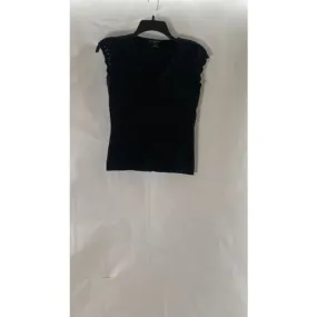 AUGUST SILK Women's Black Ribbed V-Neck Crochet Trim Cap Sleeve Top SZ S