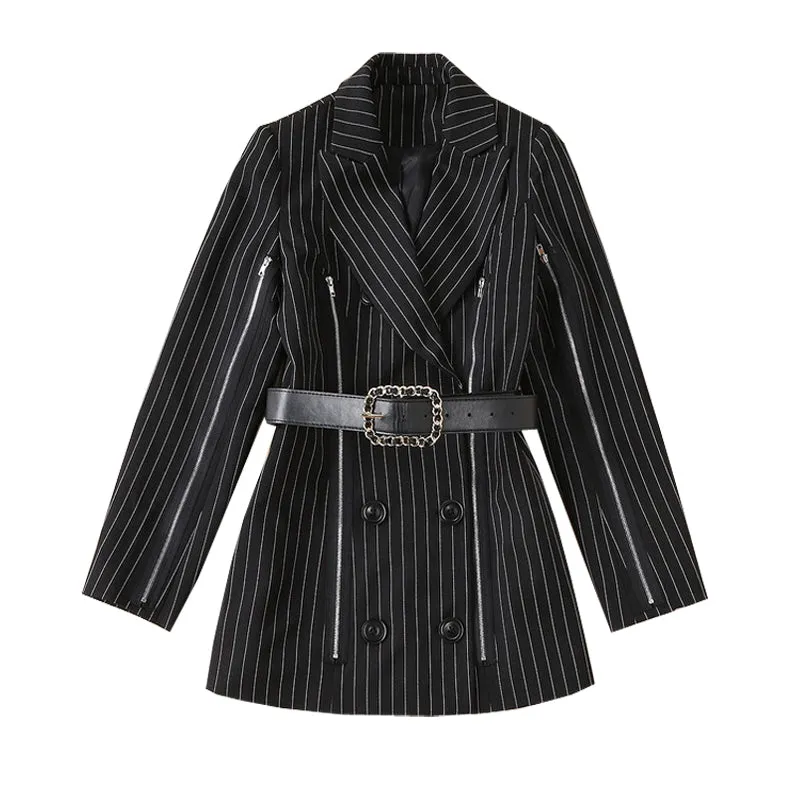BBL DESIGN PINSTRIPE BELTED BLAZER DRESS