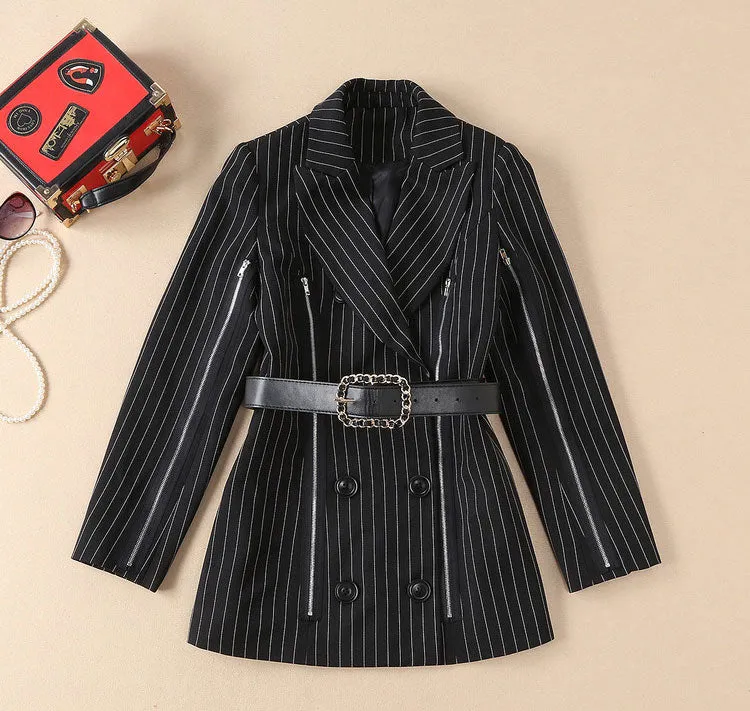 BBL DESIGN PINSTRIPE BELTED BLAZER DRESS