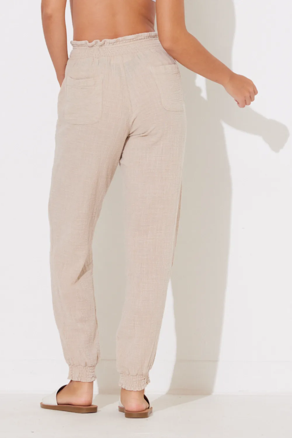 Beach Tan Washed Textured Smocked Waist Jogger