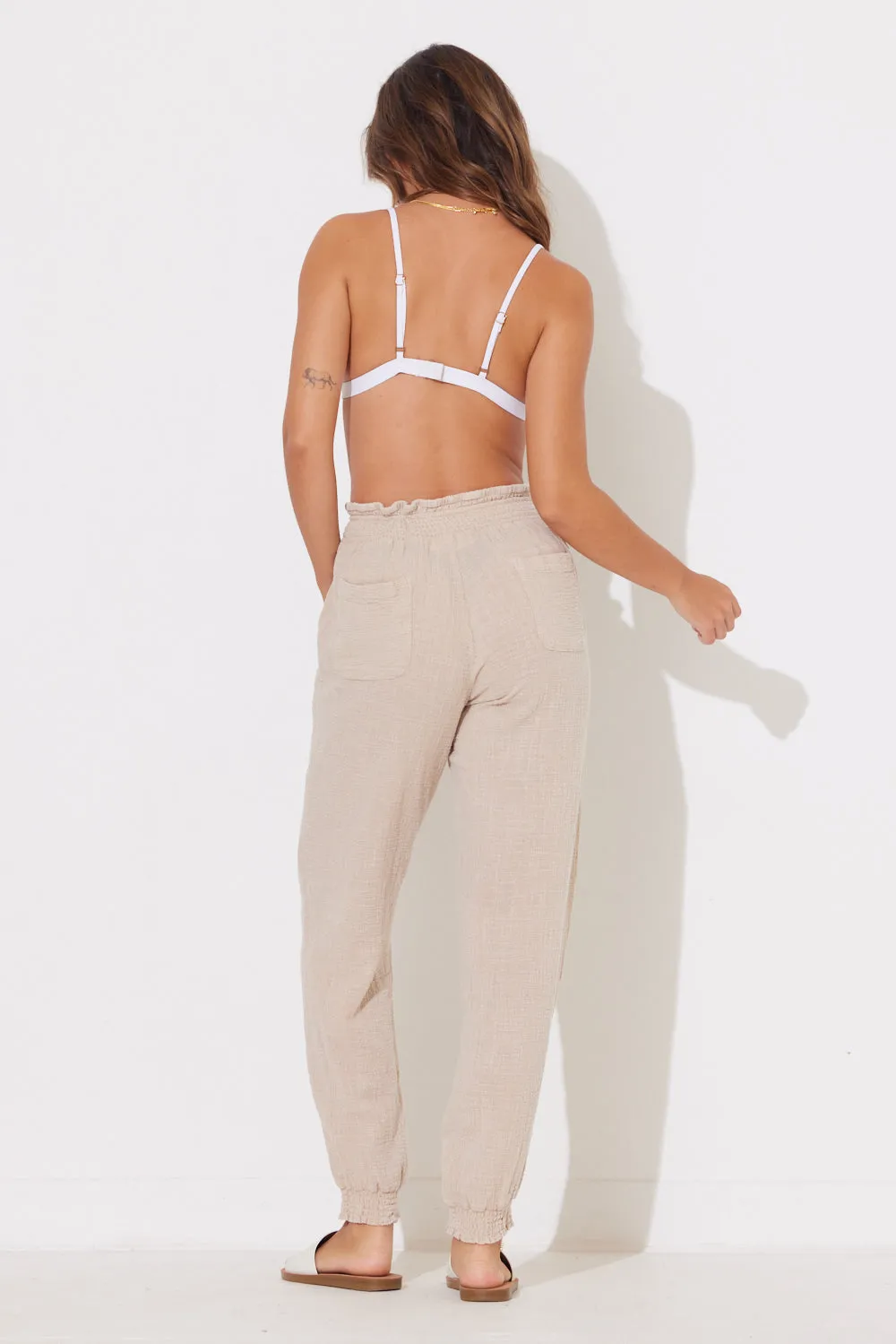 Beach Tan Washed Textured Smocked Waist Jogger