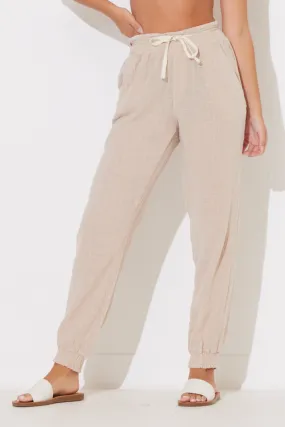 Beach Tan Washed Textured Smocked Waist Jogger
