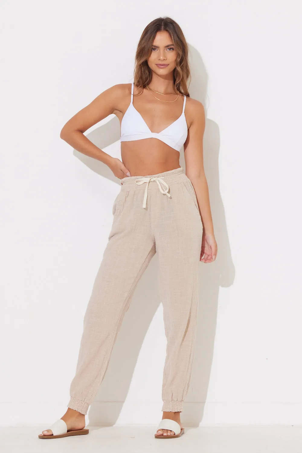 Beach Tan Washed Textured Smocked Waist Jogger