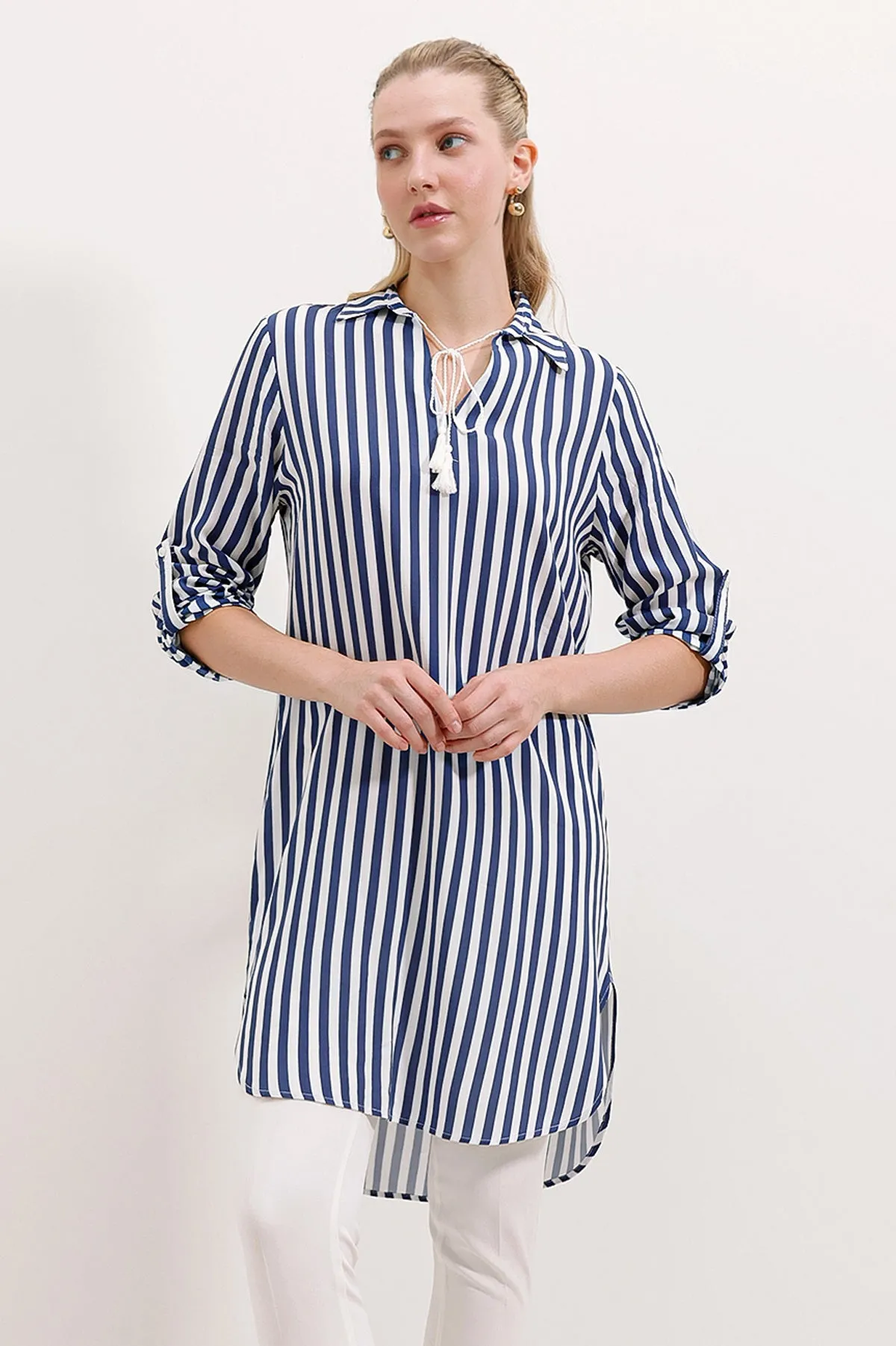 BGD Women Striped Tunic with Neck Tie - Blue - Avondale