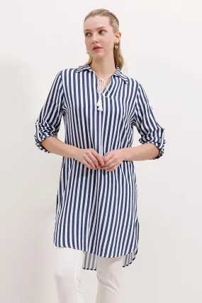 BGD Women Striped Tunic with Neck Tie - Blue - Avondale