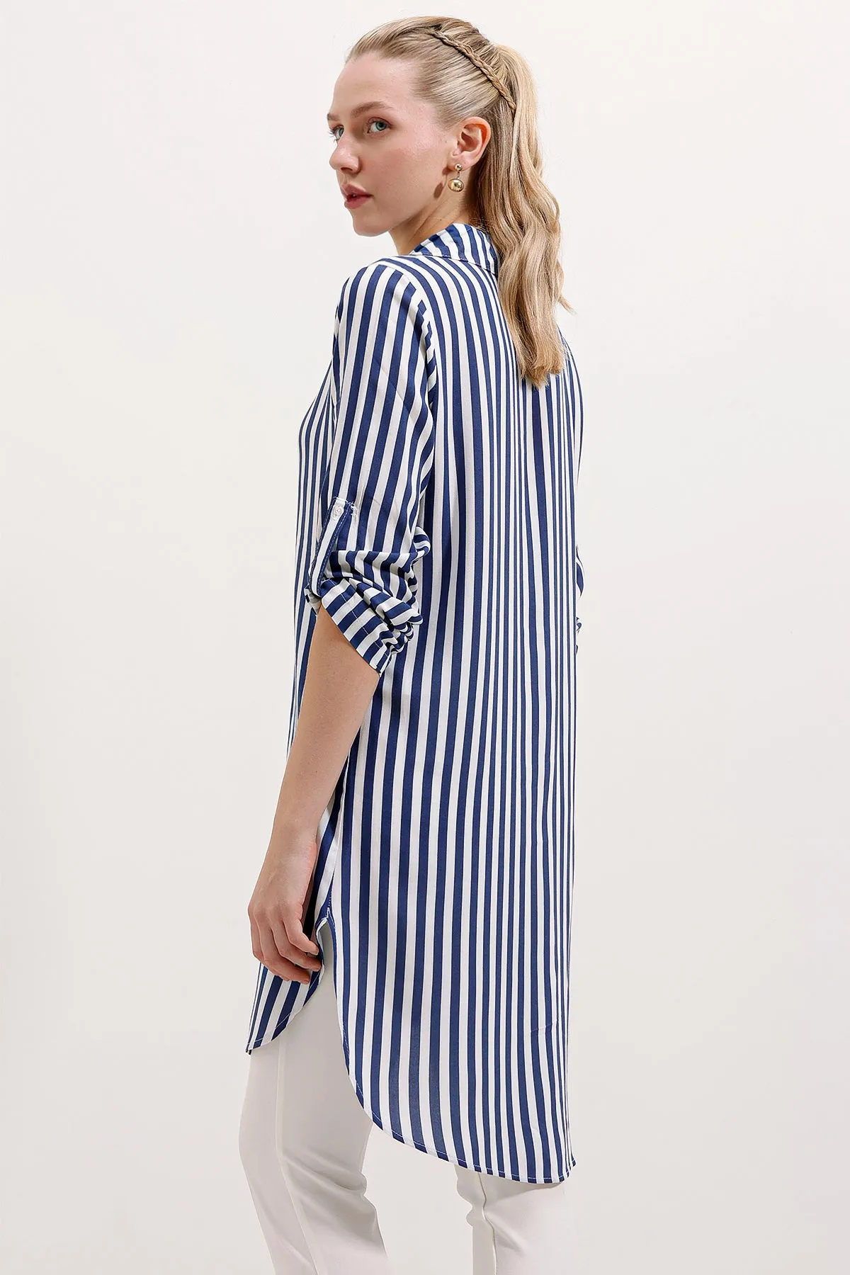 BGD Women Striped Tunic with Neck Tie - Blue - Avondale