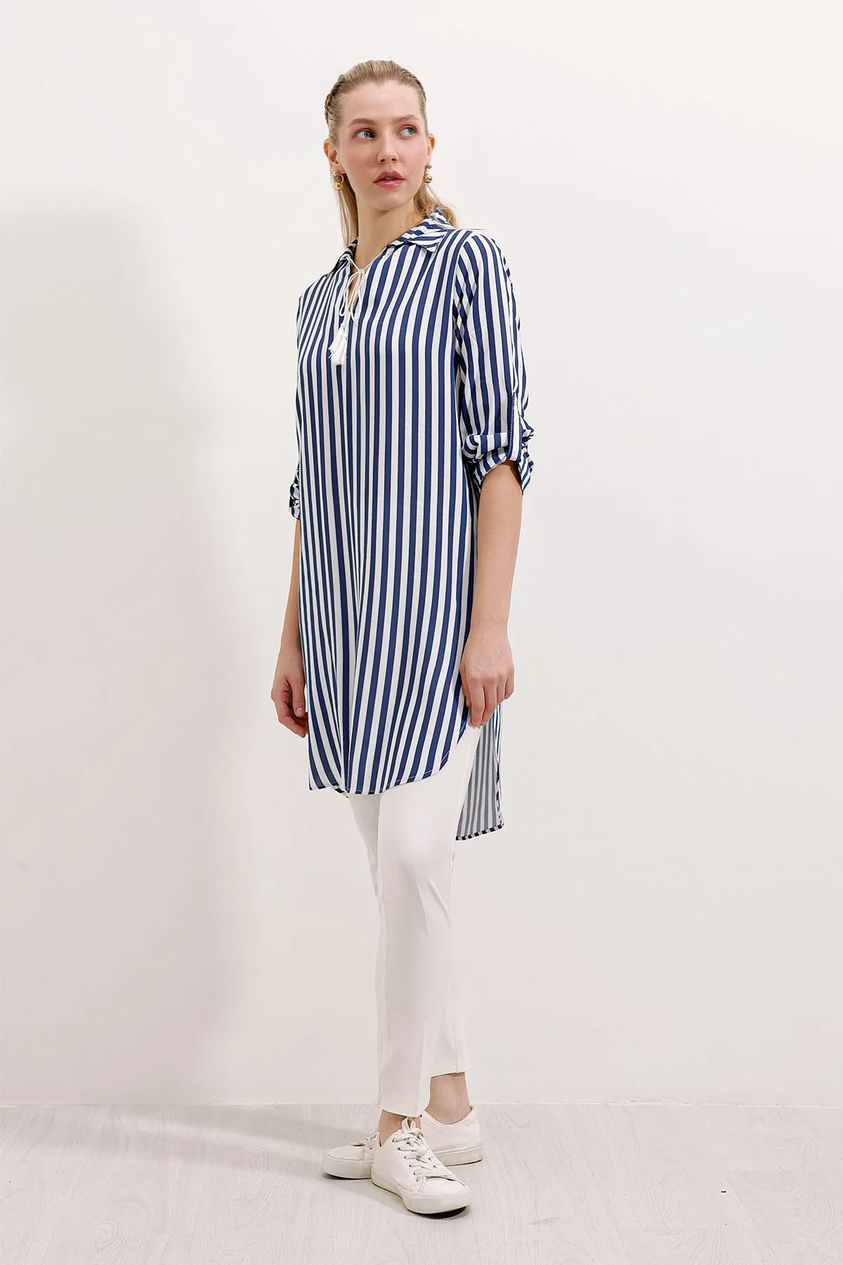 BGD Women Striped Tunic with Neck Tie - Blue - Avondale