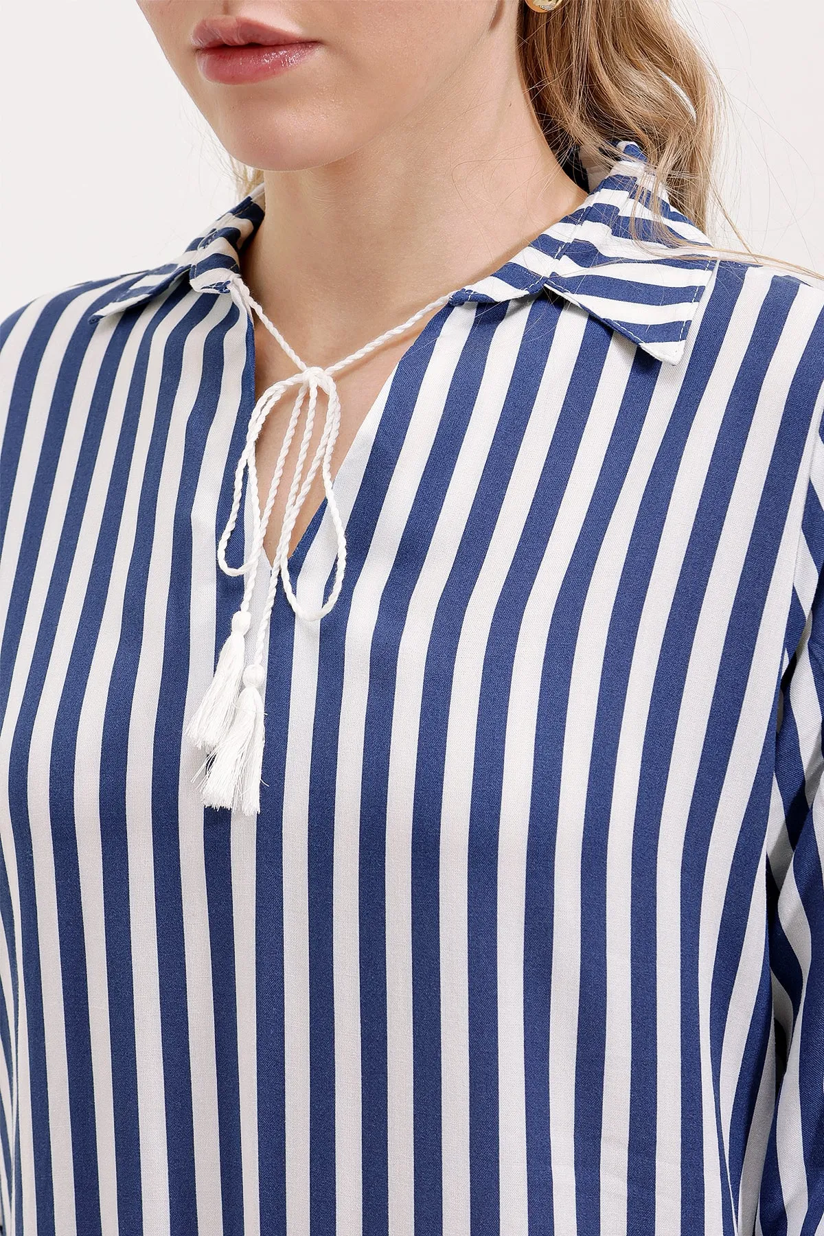 BGD Women Striped Tunic with Neck Tie - Blue - Avondale