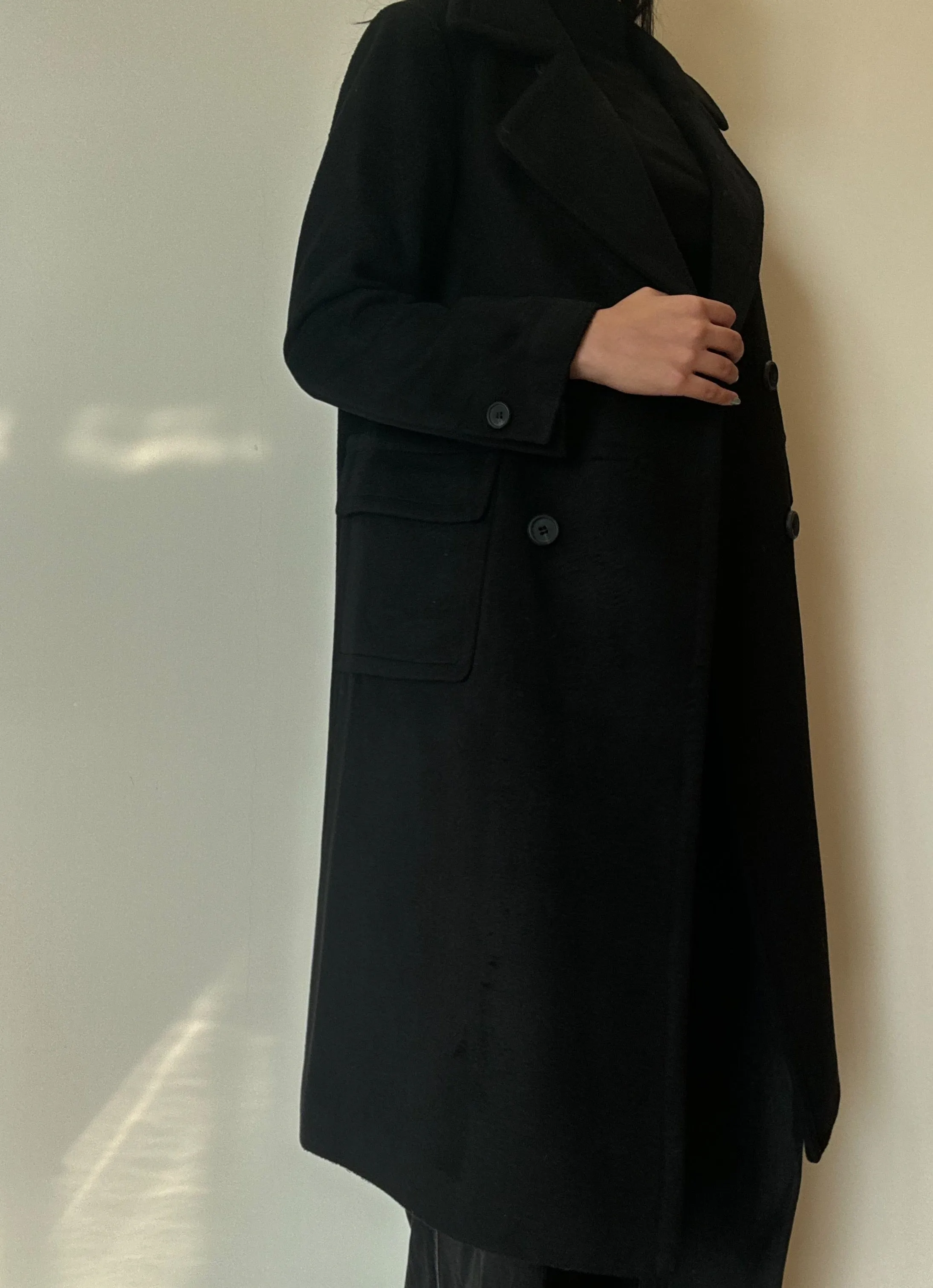 Black Double Breasted Long Coat (50% Wool)