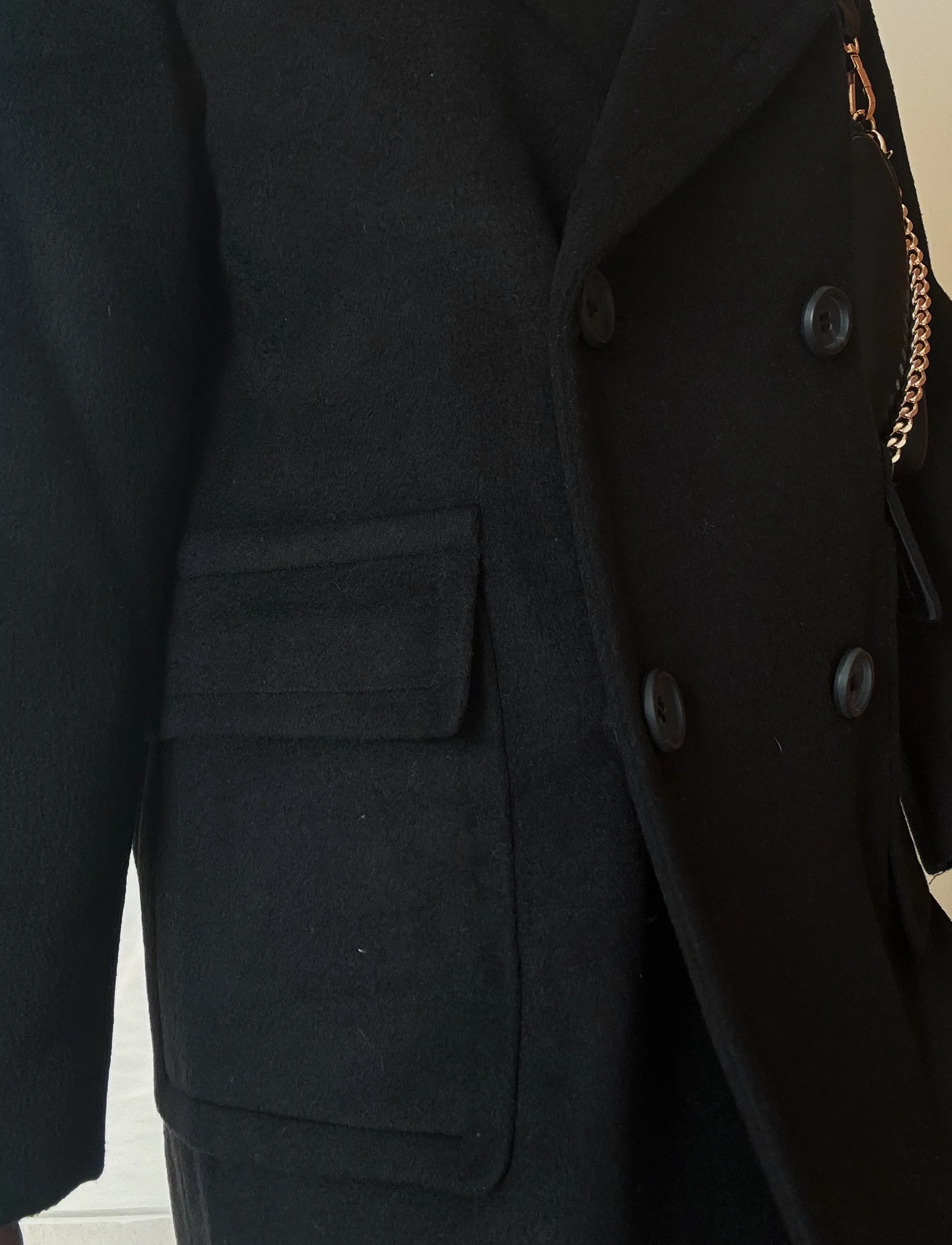 Black Double Breasted Long Coat (50% Wool)