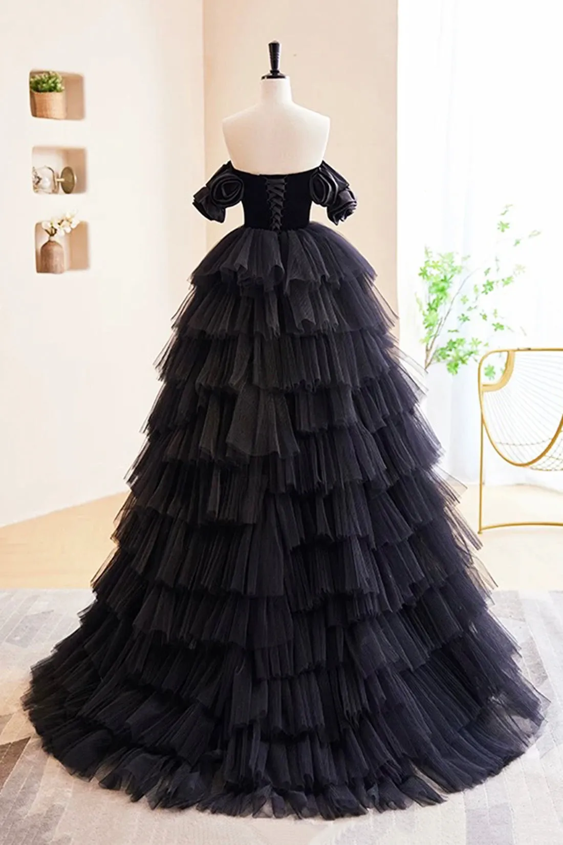 Black Layers Tulle Floor Length Formal Dress, A-Line Sweetheart Off Shoulder Evening Party Dress
