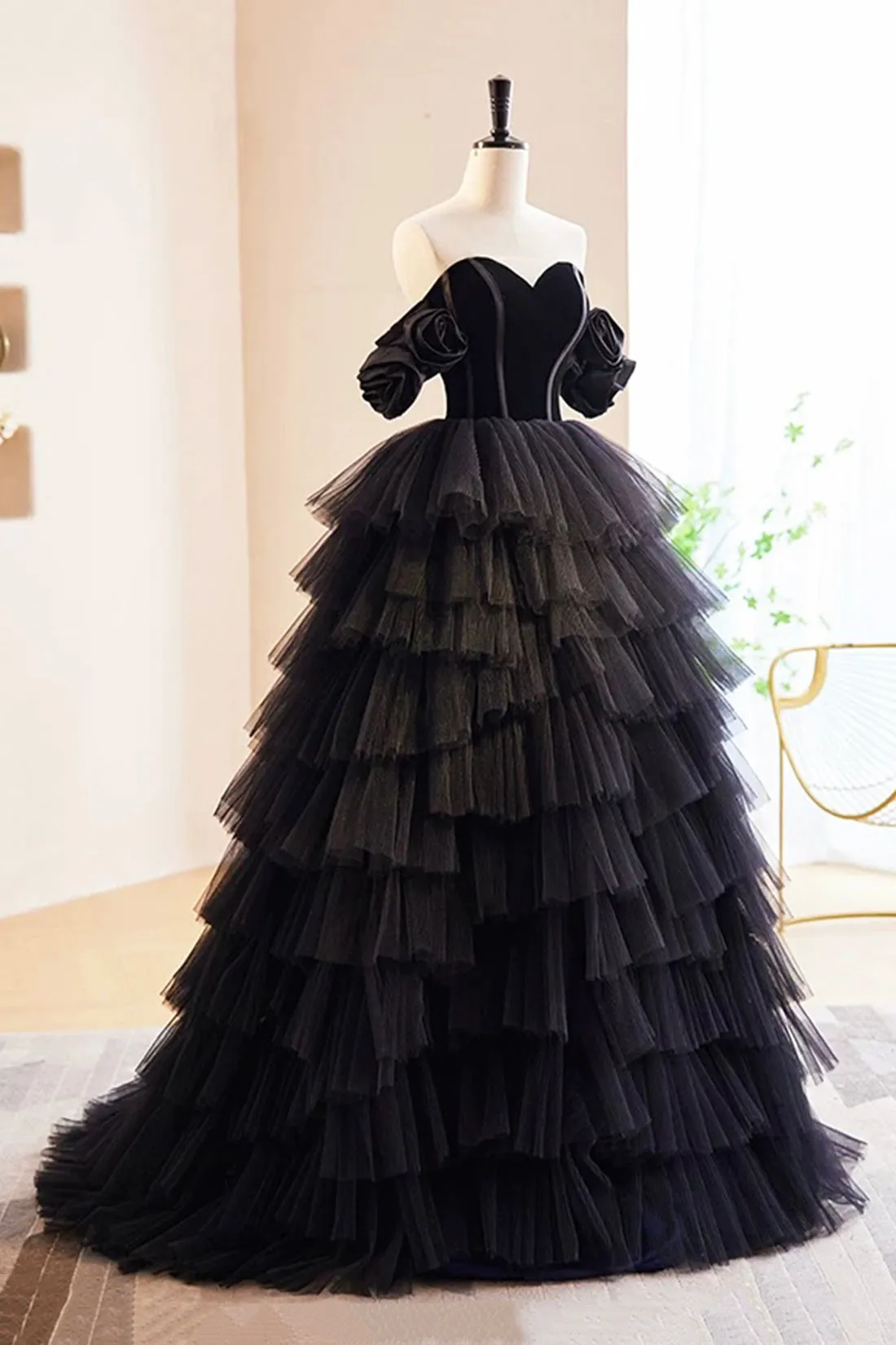 Black Layers Tulle Floor Length Formal Dress, A-Line Sweetheart Off Shoulder Evening Party Dress