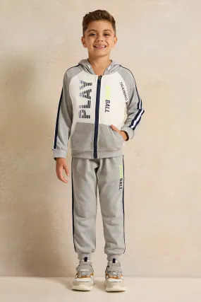 Boys Grey Raglan Sleeve Paneled Zip-Through Hooded Jog Set  (2 Piece)