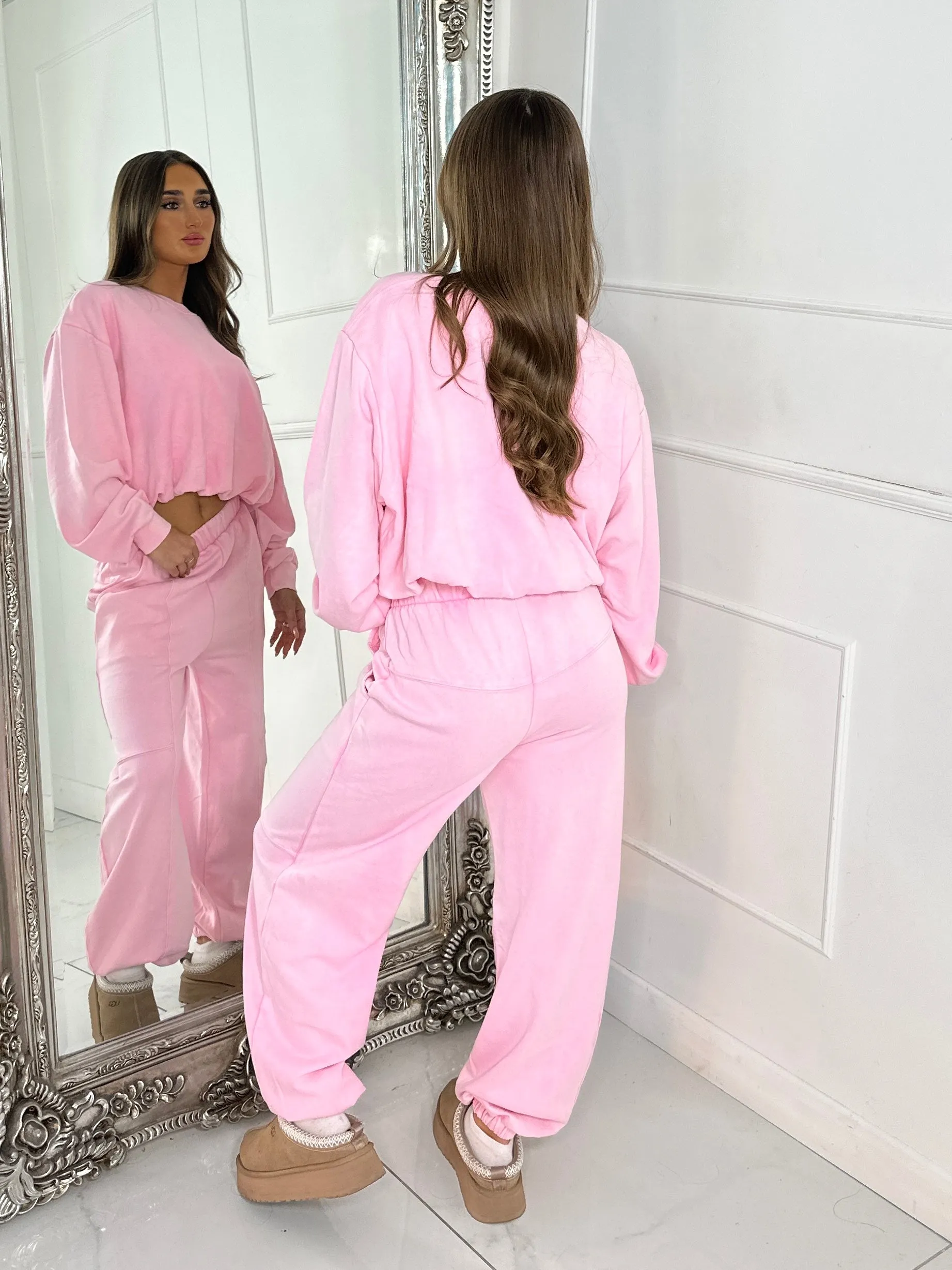 Bubble Hem Sweatshirt & Joggers Tracksuit - Acid Pink