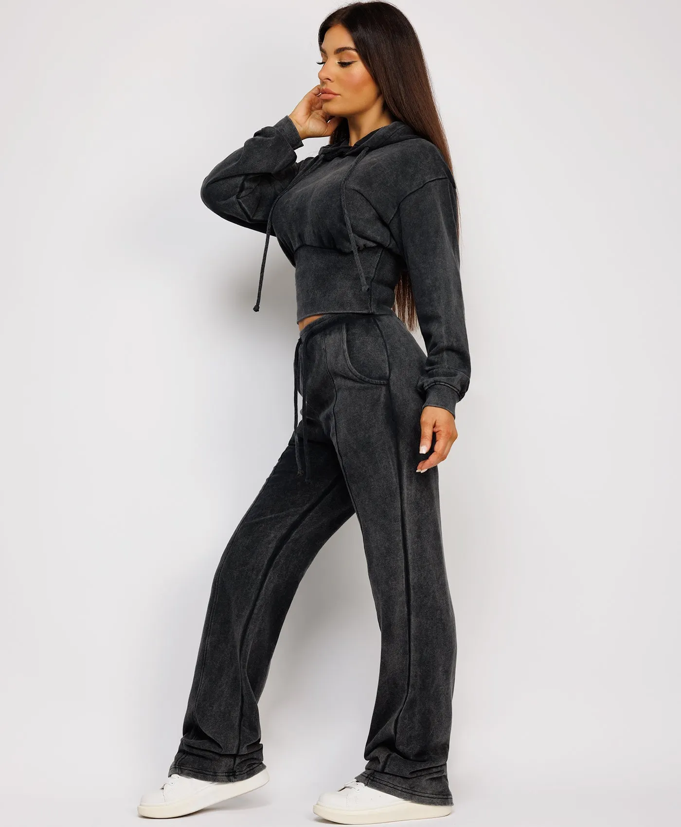 Charcoal Grey Acid Wash Ribbed High Hem Hoodie & Lined Straight Joggers