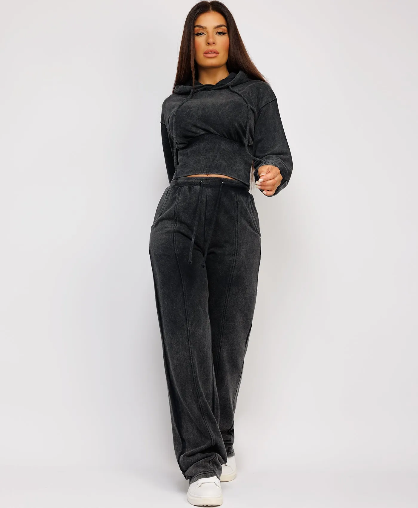 Charcoal Grey Acid Wash Ribbed High Hem Hoodie & Lined Straight Joggers