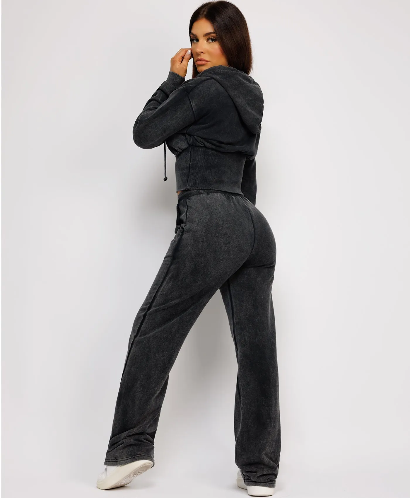 Charcoal Grey Acid Wash Ribbed High Hem Hoodie & Lined Straight Joggers