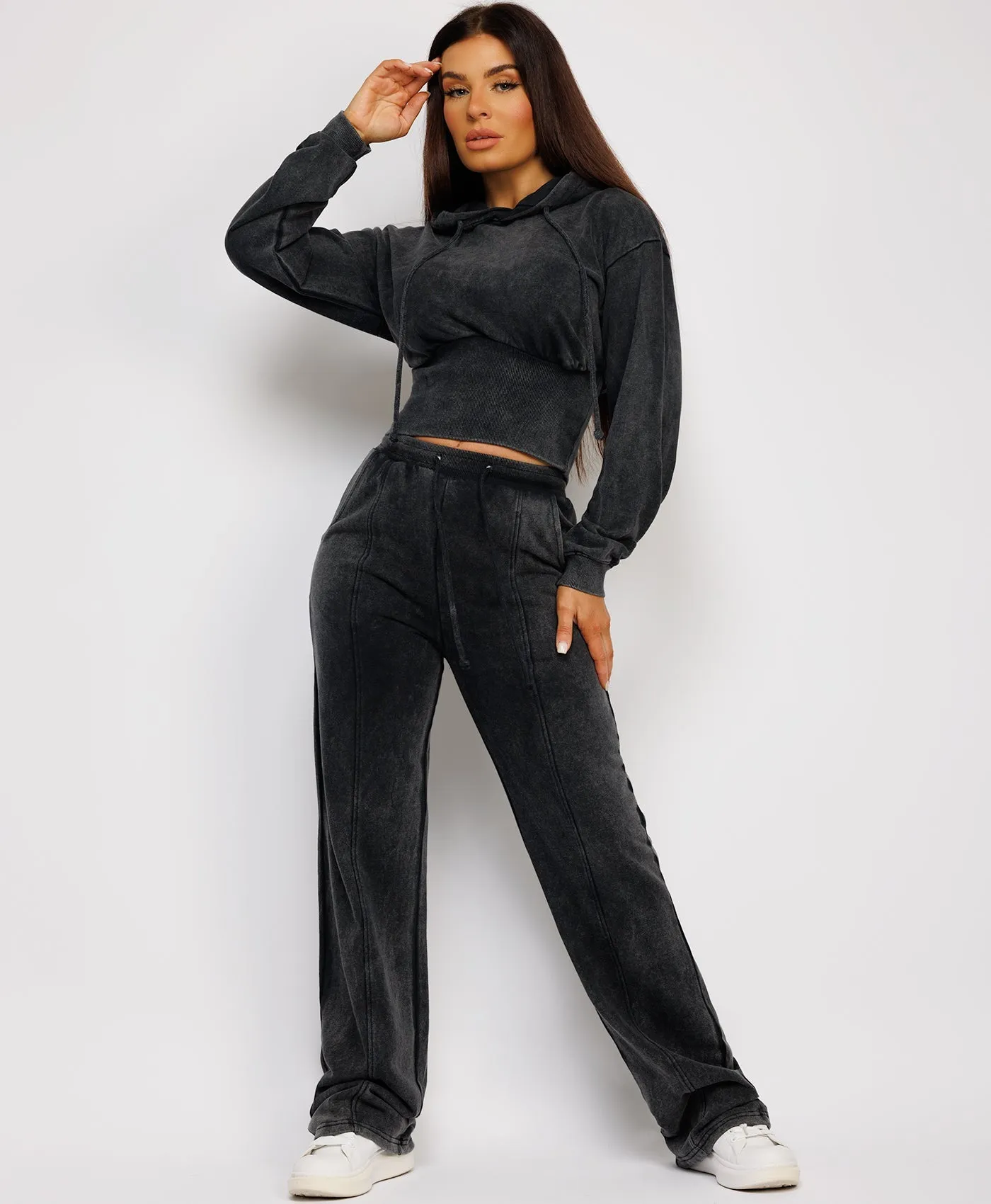 Charcoal Grey Acid Wash Ribbed High Hem Hoodie & Lined Straight Joggers