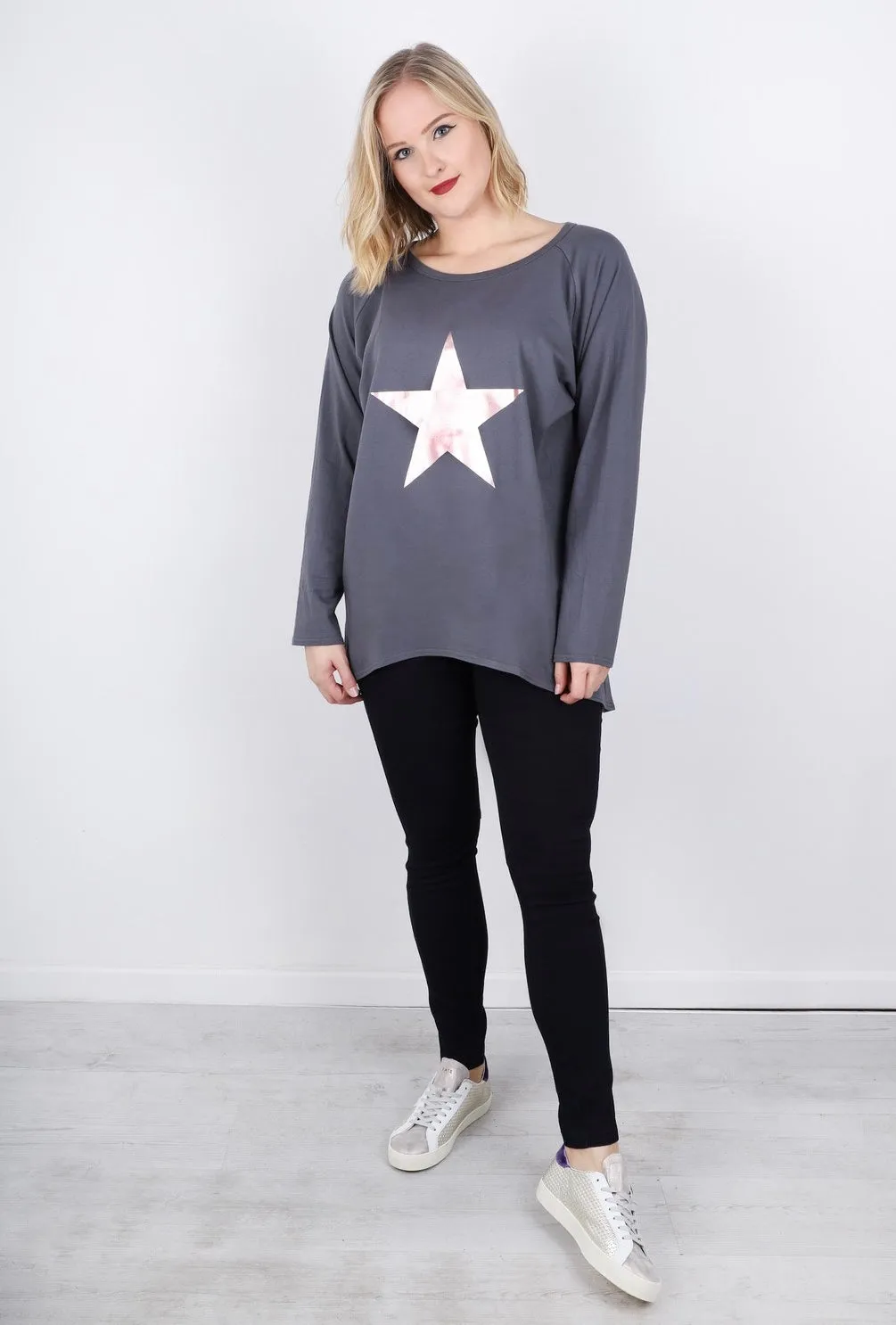 Charcoal Robyn Top With Giant Rose Gold Star