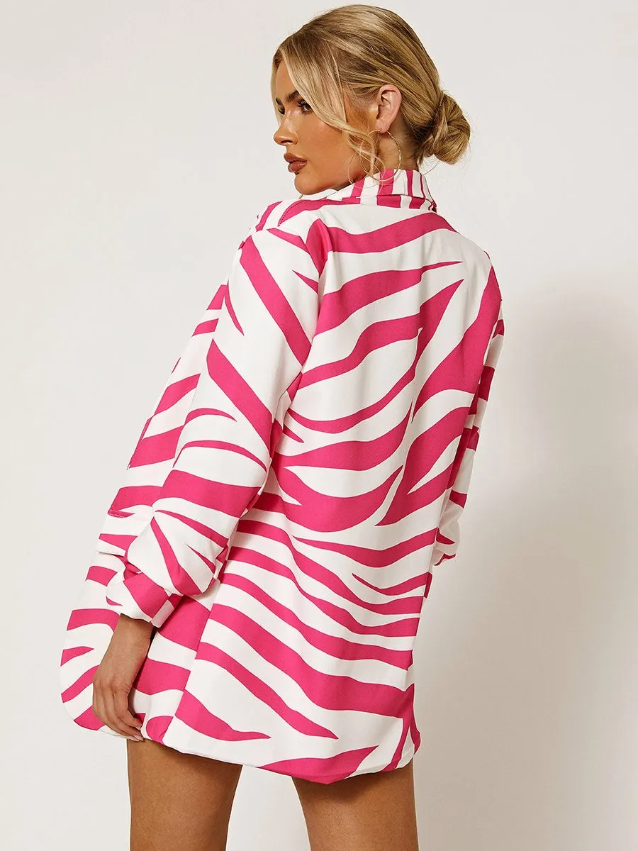 Chelsie Zebra Print Blazer With Ruched Sleeves In Pink