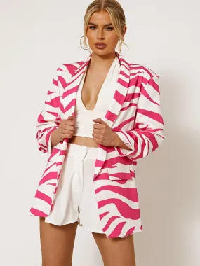 Chelsie Zebra Print Blazer With Ruched Sleeves In Pink