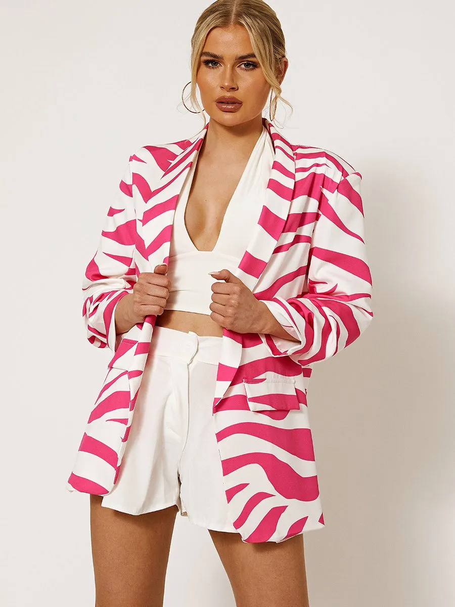Chelsie Zebra Print Blazer With Ruched Sleeves In Pink