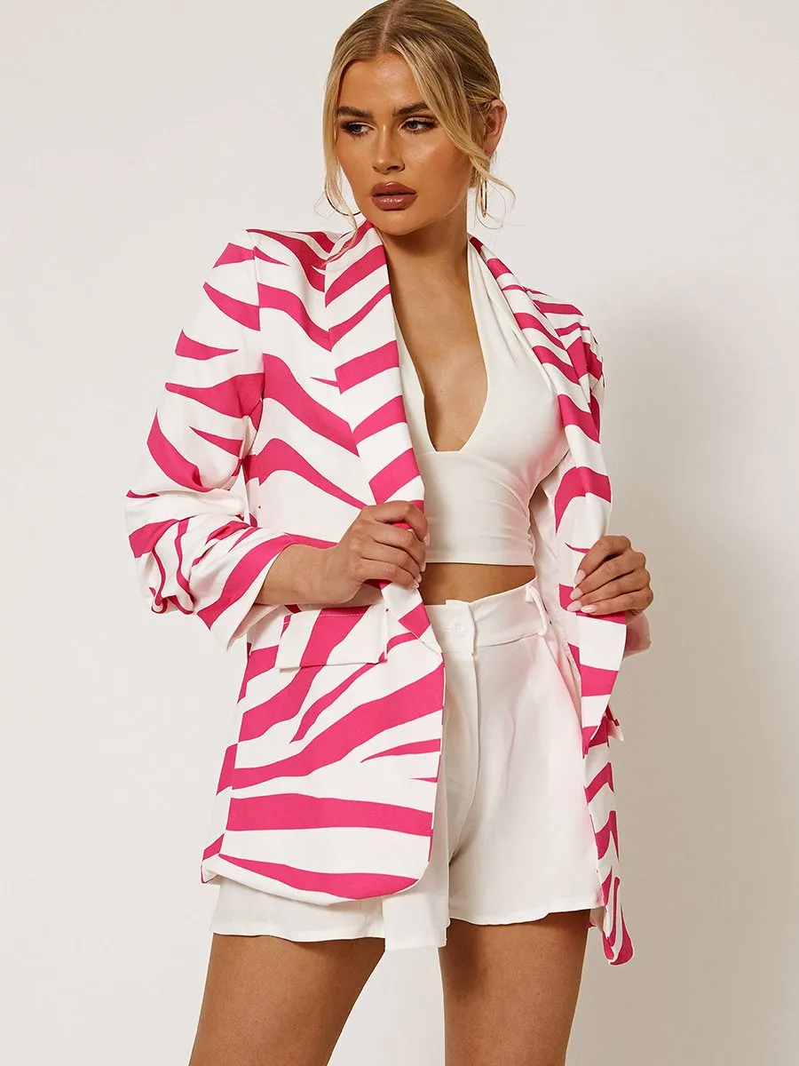 Chelsie Zebra Print Blazer With Ruched Sleeves In Pink