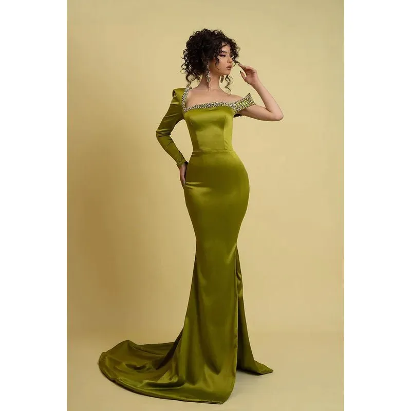 Chic & Modern Mermaid Asymmetrical Beaded Evening Gown Prom Dress with Long Sleeves