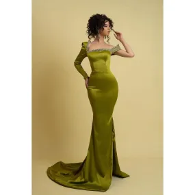 Chic & Modern Mermaid Asymmetrical Beaded Evening Gown Prom Dress with Long Sleeves
