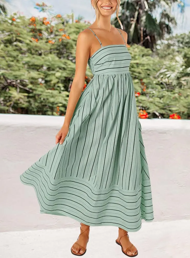 Chouyatou Women's Striped Back Smocked Maxi Dress Sexy Spaghetti Strap Cut Out Flowy Swing Long Dress