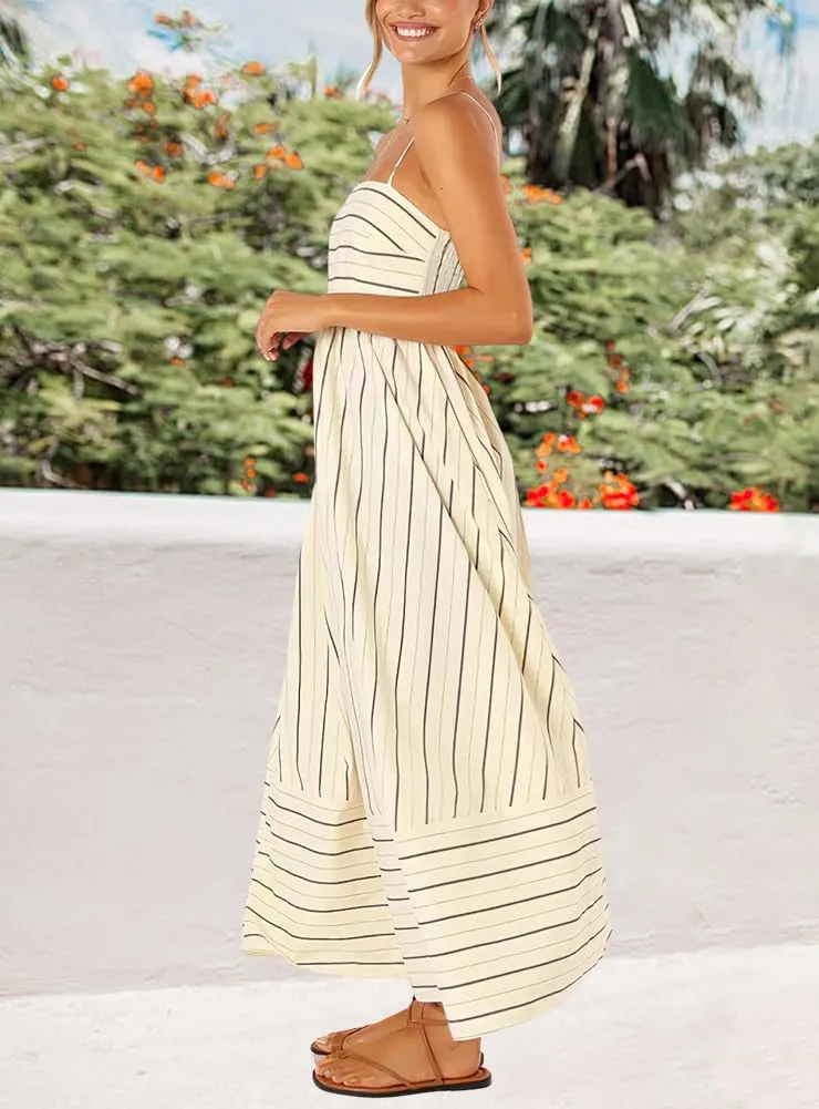 Chouyatou Women's Striped Back Smocked Maxi Dress Sexy Spaghetti Strap Cut Out Flowy Swing Long Dress