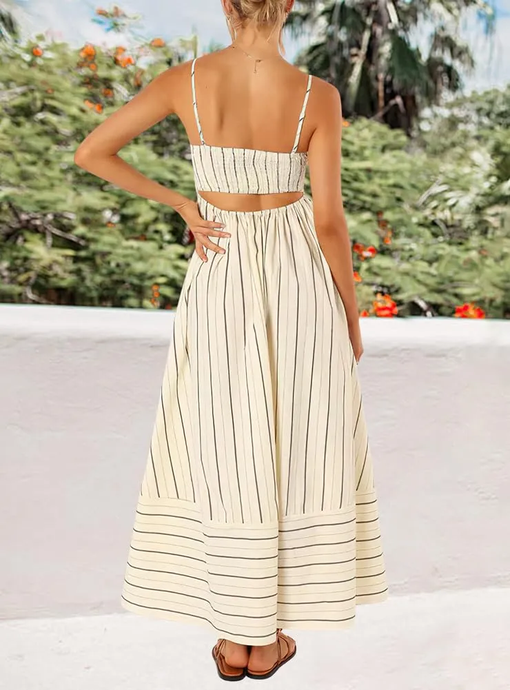 Chouyatou Women's Striped Back Smocked Maxi Dress Sexy Spaghetti Strap Cut Out Flowy Swing Long Dress