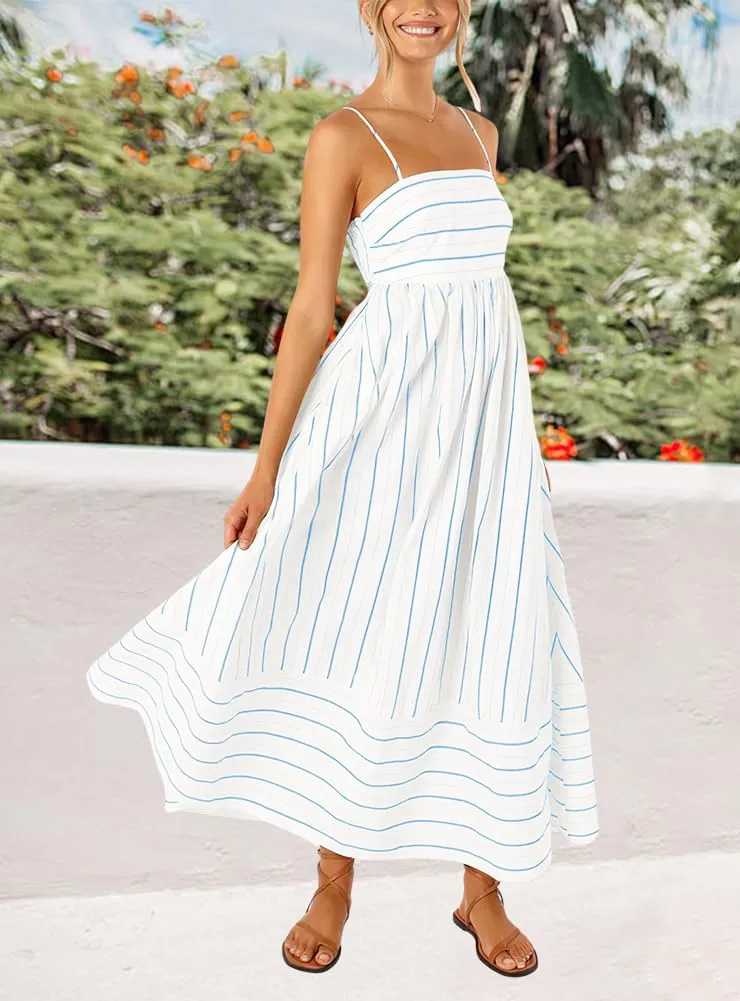 Chouyatou Women's Striped Back Smocked Maxi Dress Sexy Spaghetti Strap Cut Out Flowy Swing Long Dress