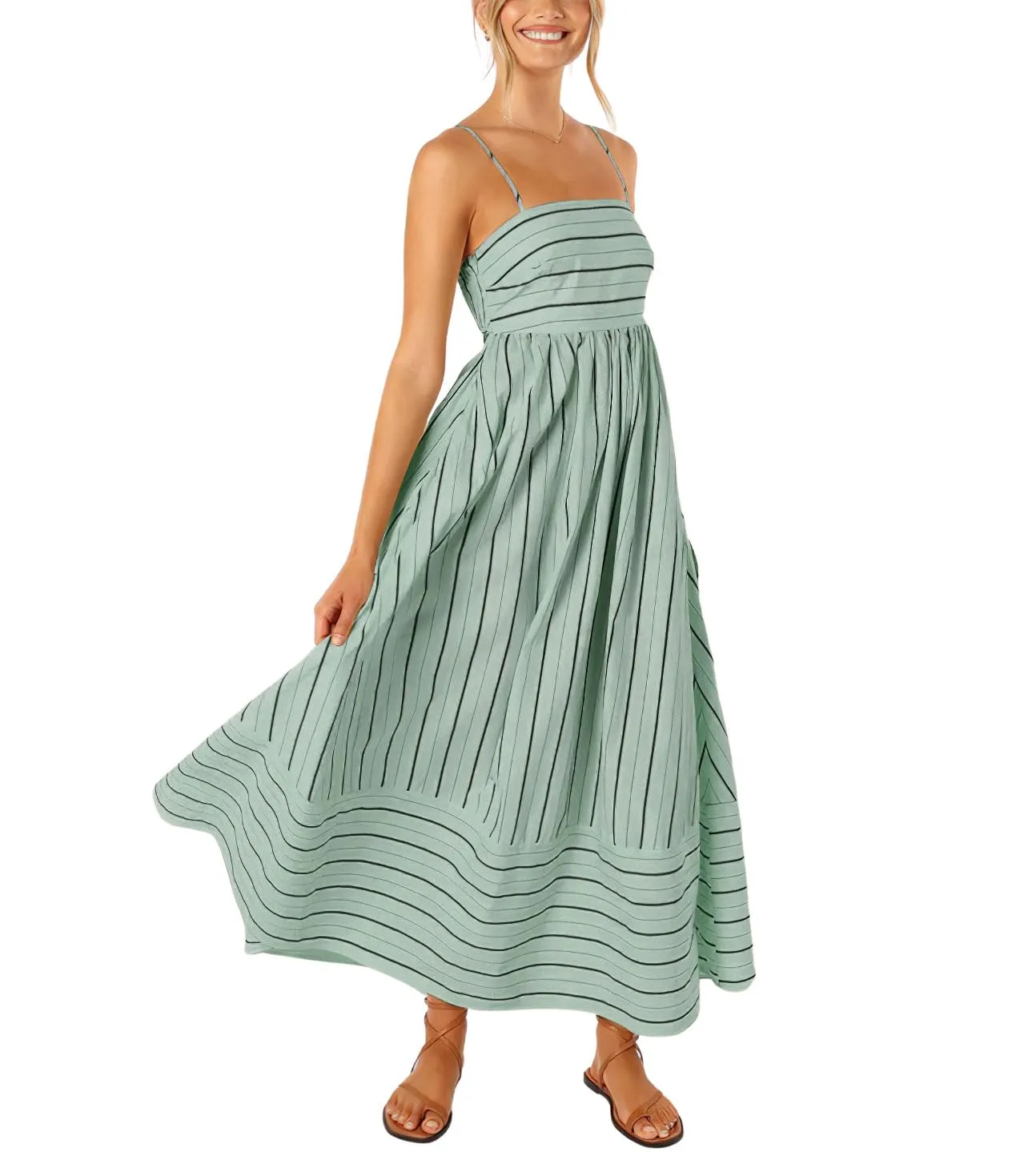 Chouyatou Women's Striped Back Smocked Maxi Dress Sexy Spaghetti Strap Cut Out Flowy Swing Long Dress