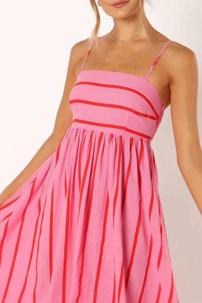 Chouyatou Women's Striped Back Smocked Maxi Dress Sexy Spaghetti Strap Cut Out Flowy Swing Long Dress