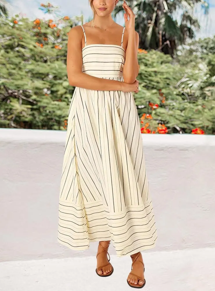 Chouyatou Women's Striped Back Smocked Maxi Dress Sexy Spaghetti Strap Cut Out Flowy Swing Long Dress