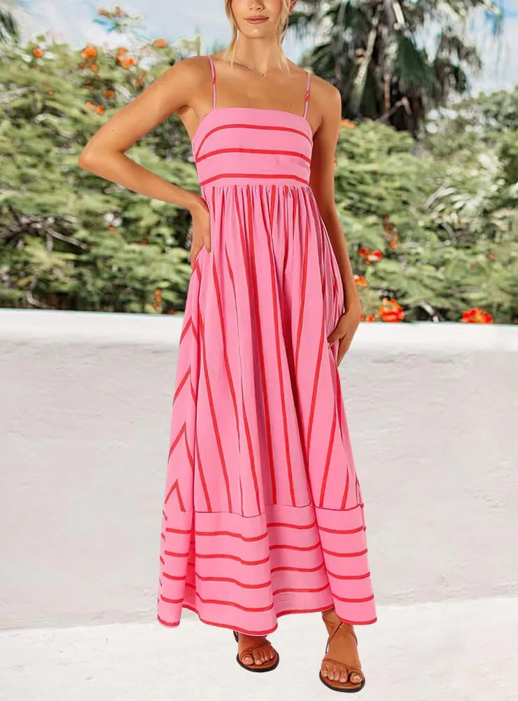 Chouyatou Women's Striped Back Smocked Maxi Dress Sexy Spaghetti Strap Cut Out Flowy Swing Long Dress
