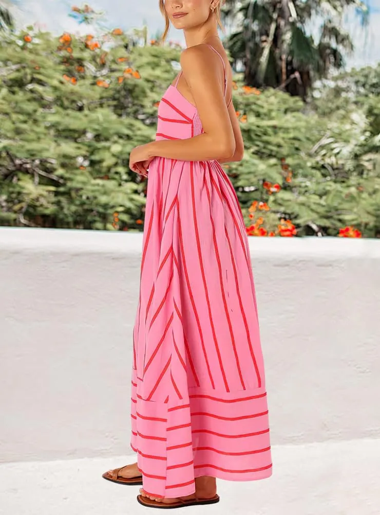 Chouyatou Women's Striped Back Smocked Maxi Dress Sexy Spaghetti Strap Cut Out Flowy Swing Long Dress