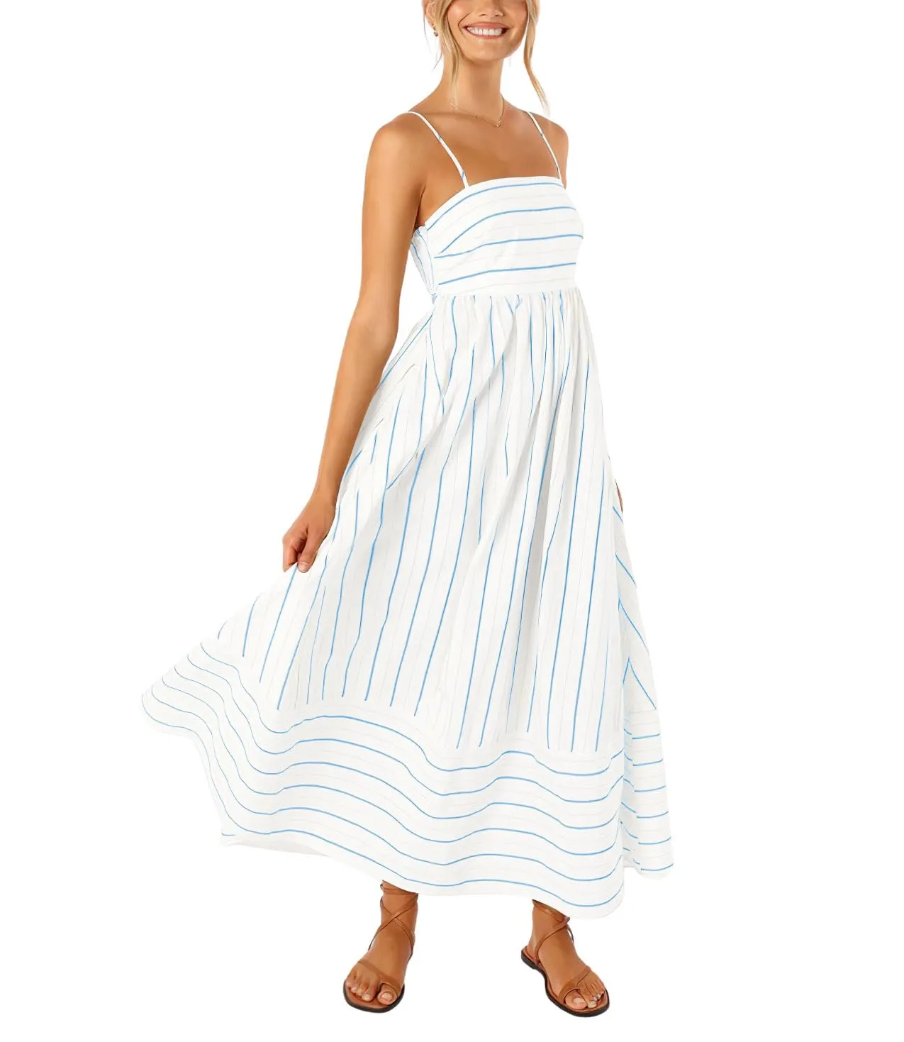 Chouyatou Women's Striped Back Smocked Maxi Dress Sexy Spaghetti Strap Cut Out Flowy Swing Long Dress
