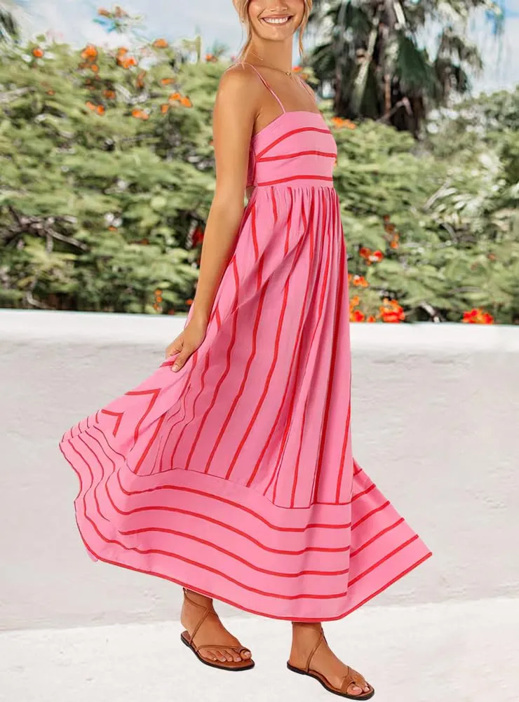 Chouyatou Women's Striped Back Smocked Maxi Dress Sexy Spaghetti Strap Cut Out Flowy Swing Long Dress