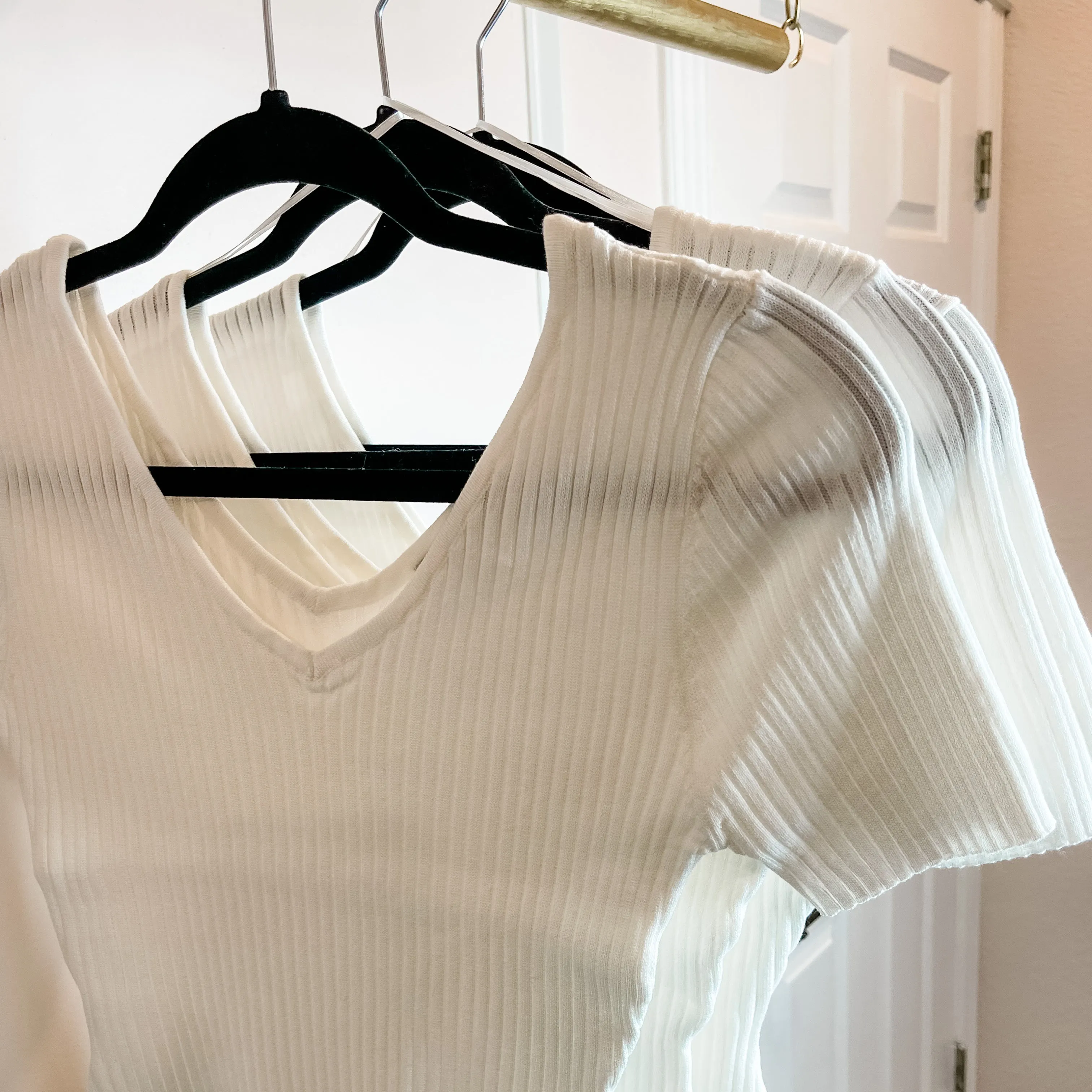 Cosmos, Soft, Ribbed Knit, V-Neck, Short Sleeve Bodysuit, White