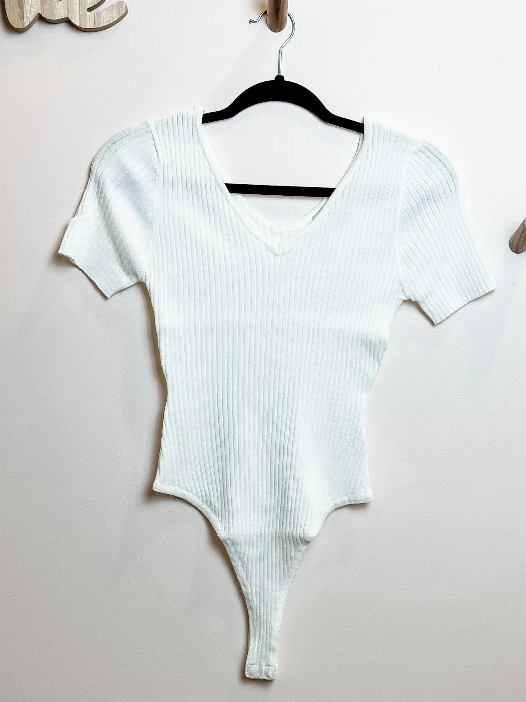 Cosmos, Soft, Ribbed Knit, V-Neck, Short Sleeve Bodysuit, White